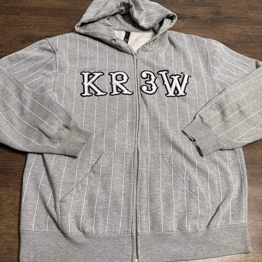 Vintage y2k Gray Pinstripe KREW KR3W Full Zip Hoodie Sweatshirt Size Large Skate